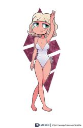 1girls 2018 alternate_version_available barefoot cleavage disney disney_channel disney_xd female_focus female_only glistening jackie_lynn_thomas medium_breasts ohiekhe one-piece_swimsuit patreon peace_sign pinup signature solo solo_female solo_focus standing star_vs_the_forces_of_evil straight_hair swimsuit thighs white_background