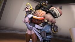 3d arms_held_back cum cum_on_breasts cum_on_face cum_on_thighs dubious_consent exposed_breasts forced functionally_nude game healslut implied_penetration mercy overwatch roadhog rules stockings tagme