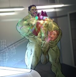 1boy avengers avengers:_endgame balls bara big_balls big_penis boner erection gay green-skinned_male green_skin hairy hulk hulk_(series) infinity_gauntlet male male_only marvel marvel_cinematic_universe masturbation mature mature_male milkywaybara muscular nano_gauntlet penis professor_hulk solo solo_male