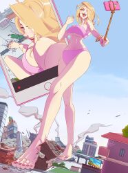 angelgts big_breasts blonde_hair blue_eyes destruction feet giantess phone selfie toes walking