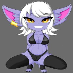 1girls bra breasts claws cleavage ear_piercing grin league_of_legends miki_miki navel panties partially_clothed piercing pinup purple_skin short_hair shortstack stockings thighhighs tristana white_hair yellow_eyes yordle