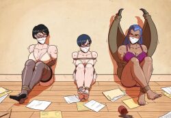 3girls angry black_hair blue_eyes blue_hair blue_toenails blush bondage brown_eyes cloth_gag demon_wings feet gag glasses multiple_girls pink_toenails rope_bondage short_hair skelebomb sweat toenail_polish