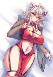 1girl ahoge animal_ear_fluff animal_ears antenna_hair bangs bed_sheet blush breasts cat_ears cat_tail catgirl cleavage cowboy_shot dress eyebrows_visible_through_hair female_only garter_straps hair_between_eyes hair_intakes hair_ornament large_breasts long_hair long_sleeves looking_at_viewer lying navel on_back parted_lips pelvic_curtain red_eyes side_slit silver_hair solo squchan_(vtuber) striped thighhighs thighs virtual_youtuber volk_(bo-tan) vyugen white_hair