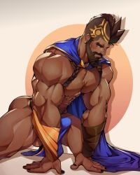 1boy balls bara boner erection erection_under_clothes holo_eden league_of_legends loincloth male male_only muscles muscular pantheon penis solo solo_male spread_legs