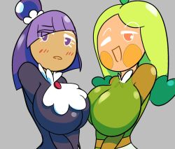 2girls big_breasts black_dress blackberry_cookie blush breast_docking breasts clothed clothing cookie_run cookie_run_kingdom cookie_run_ovenbreak dress duo eyelashes female female_only fully_clothed gothic green_dress green_hair grey_background hair medium_hair mob_face moonieflav one_eye_closed open_mouth orange_eyes purple_eyes purple_hair simple_background simple_shading smile spinach_cookie tan_skin unamused wink