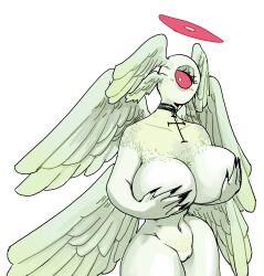 1_eye absurd_res angel anthro biblically_accurate_angel big_breasts blush breast_grab breasts claws cross edit female fur genitals halo hand_on_breast hi_res horniel_(thouartphi) multi_wing nude plastikcherub pussy red_eyes simple_background solo white_body white_fur wings