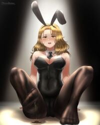 1boy 1girls big_breasts blonde_hair breasts bunny_ears bunny_girl bunnysuit cum cum_on_feet feet foot_fetish giantess kuroihassan open_mouth pantyhose shrunken_male smelly_feet yellow_eyes