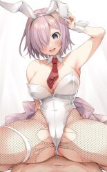 1girls blush busty cameltoe detached_collar detached_cuffs fate/grand_order fate_(series) komekueyo mash_kyrielight one_eye_covered pink_hair purple_eyes ripped_fishnets white_bunny_ears white_bunnysuit