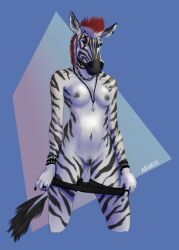 anthro arnius blue_background blue_eyes bracelet breasts chain_necklace choker cross cross_necklace ear_piercing equid equine female genitals hair hi_res industrial_piercing jewelry mammal necklace nipple_piercing nipples piercing pussy red_hair simple_background solo zebra