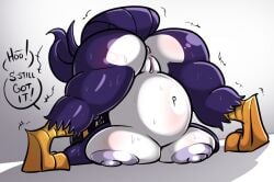 anthro anus ass ass_up avian belly big_belly big_breasts big_butt bird breast_squish breasts countershading dialogue digital_media_(artwork) english_text female flora_(sachasketchy) genitals huge_butt jack-o'_pose mature_anthro mature_female navel obese overweight pose presenting presenting_hindquarters purple_body pussy rear_view sachasketchy shaking slightly_chubby solo speech_bubble squish text thick_thighs toucan trembling white_body