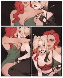 2girls ahageao49 ahoguru belt black_gloves black_lips black_nails black_pants blonde_hair blue_eyes blush bottomless breasts canon_couple cleavage couple crop_top dc dc_comics female fingerless_gloves gloves green_eyes green_nightgown harley_quinn heart highres hug hug_from_behind implied_fingering kissing lips lipstick lipstick_mark long_hair loose_clothes makeup medium_breasts multiple_girls nail nail_polish navel nightgown open_mouth pajamas pants passionate poison_ivy red_hair romantic sideboob smile teeth thighs twintails yuri