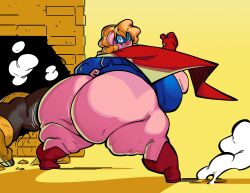 2021 anthro ass big_butt blonde_hair blue_eyes boots bulge cape clothing domestic_pig dr._ham duo female footwear gloves hair handwear hi_res lady_oink looking_back male mammal nondelismell obese obese_anthro obese_female overweight overweight_anthro overweight_female rear_view short_tail suid suina superhero sus_(pig)