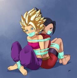 black_hair blonde_hair blue_eyes bondage brown_eyes caulifla dragon_ball dragon_ball_super feet gag hoop_earrings kale lostonezero tape_bondage tape_gag toenail_polish