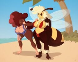 absurd_res animal_humanoid anthro arthropod beach bee bikini breasts canid canid_humanoid canine canine_humanoid canis cleavage clothed clothing dog_humanoid domestic_dog duo embarrassed female hi_res honey_bee huge_breasts huge_thighs humanoid hymenopteran insects jared_dillon large_breasts mammal mammal_humanoid seaside swimwear thick_thighs wide_hips wings