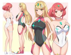 2girls 6oryo_illust absurd_res alternate_costume ass bare_shoulders blonde_hair breasts cleavage core_crystal costume_switch large_breasts long_blonde_hair monolith_soft mythra_(xenoblade) mythra_(xenoblade)_(cosplay) nintendo one-piece_swimsuit pyra_(xenoblade) pyra_(xenoblade)_(cosplay) red_eyes red_hair short_red_hair swimsuit thick_thighs thighs xenoblade_(series) xenoblade_chronicles_2 yellow_eyes