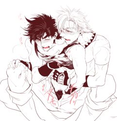 2boys battle_tendency blush caesar_zeppeli clothed_sex clothing fingerless_gloves gay gloves hand_on_another's_chest implied_masturbation jojo's_bizarre_adventure joseph_joestar male male/male male_only masturbating_under_clothes masturbation muscular_male sai_(artist) shirt_up sweat yaoi