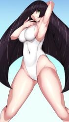 1girls alternate_breast_size arm_up armpits black_hair breasts byakkun cameltoe erect_nipples female female_only game_freak green_eyes hair hair_over_one_eye large_breasts long_black_hair long_hair lusamine_(pokemon) mature mature_female mature_woman milf mother nintendo one-piece_swimsuit pokemon pokemon_sm smile solo solo_female swimsuit swimwear thick_thighs thighs white_swimsuit