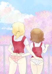 2girls ass ass_grab blonde_female blonde_hair brown_hair dard_drak female_only from_behind hidamari_sketch long_hair medium_hair miyako multiple_girls panties paw_print pink_panties print_panties sakura_tree star_(symbol) star_print tree underwear white_panties yuno yuri