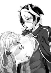 2girls big_breasts blush breast_sucking breasts_out cream female female_only height_difference huge_breasts lyza_(made_in_abyss) made_in_abyss monochrome ozen short_hair smothering sweatdrop two_tone_hair yaguchiyuki yuri