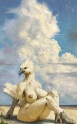 absurd_res anthro ass avian beach beak big_breasts big_butt breasts cloud feathers female hi_res looking_at_viewer nude sea seaside sitting solo upai water white_body white_feathers