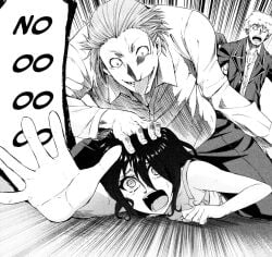 1girls arachnid_(series) black_and_white bra crying dialogue head_grab imminent_rape imminent_sex manga monochrome multiple_boys partially_clothed pinned_down rape_face school school_uniform screaming wide_eyed