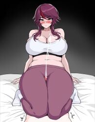 1boy 1girls aether_(genshin_impact) bed big_breasts blush cum drawing drogod_(artist) ejaculation female genshin_impact hi_res highres large_breasts looking_at_viewer male red_hair rosaria_(genshin_impact) socks sports_bra sportswear thick thick_thighs thigh_sex thighjob voluptuous yoga_pants