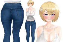 1girls ass big_breasts blonde_hair blue_eyes blush breasts cleavage closed_mouth collarbone denim female full_body girls'_frontline hair_ornament jeans large_breasts light-skinned_female light_skin pants sleeveless solo vsk-94_(girls_frontline)