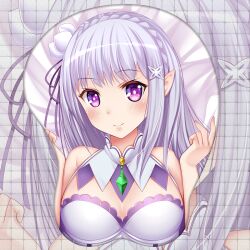 bare_shoulders boob_mousepad braid closed_mouth closed_smile clothed covered_breasts crown_braid dressed elf elf_ears elf_female elf_girl emilia_(re:zero) eyebrows_raised eyebrows_visible_through_hair female green_jewel hair_flower hair_ornament half-elf half_elf happy happy_female light_blush light_skin long_hair medium_breasts mousepad neck_jewelry neckwear open_eyes oppai_mouse_pad pointy_ears purple_eyes re:zero_kara_hajimeru_isekai_seikatsu shiny_eyes silver_hair traditional white_clothing white_dress white_flower white_hair x_hair_ornament