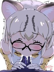 1boy animal_ear_fluff animal_ears animal_print blush bow bowtie cat_girl cat_tail cellien_(kemono_friends) closed_mouth clothed_female_nude_male clothing dripping dripping_semen ejaculating_in_mouth ejaculation elbow_gloves extra_ears eyebrows_visible_through_hair fellatio female female_focus gloves gokkun groping hand_on_penis hands_on_penis high_resolution kemono_friends male male_pov margay_(kemono_friends) margay_print masuyama_ryou megane motion_lines multicolored_hair nekomimi nude nude_male oral orgasm penis penis_grab pov print_gloves print_legwear saliva saliva_on_penis semen semen_in_mouth short_hair simple_background solo_focus straight tail tearing_up tears tekoki trembling uncensored very_high_resolution white_background