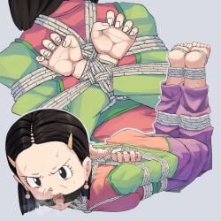 angry black_hair bondage brown_eyes callujy chichi dragon_ball dragon_ball_gt earrings feet gag gilf gmilf granny light-skinned_female light_skin mature mature_female milf old_woman older_female ring_gag rope_bondage sweat