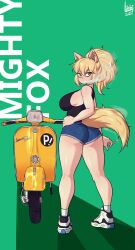 1girls big_ass big_breasts blonde blonde_hair booty_shorts breasts cigarette clothed_female clothing ear_piercing eyebrows_visible_through_hair female flcl footwear fox_ears fox_girl fox_tail fully_clothed green_eyes kemonomimi light-skinned_female light_skin littlej_(zi19191) pale_skin scooter shorts smoking sneakers solo solo_female tagme tail vehicle vespa_(vehicle)