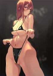 absurdres bikini bikini_lift black_bikini border breasts brown_hair clothes_lift female female highres inushima large_breasts lifted_by_self long_hair looking_at_viewer micro_bikini navel original partially_visible_vulva red_border red_eyes solo standing swimsuit thighs underboob wedgie wide_hips