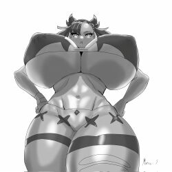 1girls aged_up big_breasts breasts_bigger_than_head enormous_breasts gigantic_breasts greyscale hands_on_hips huge_breasts hyper hyper_breasts looking_at_viewer looking_down marcormen marnie_(pokemon) massive_breasts pokemon pokemon_ss short_hair thick_thighs underboob