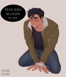 1boy black_hair brown_body brown_skin clothed cum cum_in_mouth gay male_focus male_only marc_spector marvel marvel_cinematic_universe marvel_comics mikazure moon_knight moon_knight_(series) open_mouth oscar_issac shirt text tied tied_arms yaoi