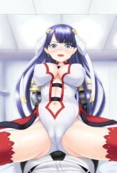 1boy bad_id bad_pixiv_id blue_eyes blush breasts bulge cleavage covered_erect_nipples cowgirl_position earrings fate/grand_order fate_(series) female fujimaru_ritsuka_(male) hair_ribbon jewelry kibunhasaikou large_breasts long_hair looking_at_viewer pov pov_crotch purple_hair ribbon saint_martha straddling thighhighs