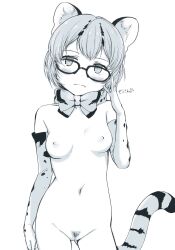 adjusting_eyewear animal_ear_fluff animal_ears animal_print blue_theme blush breasts cat_girl cat_tail clavicle clothing contrapposto cowboy_shot dot_nose extra_ears female female female_only female_solo frown gloves gluteal_fold hand_on_hip high_resolution kemono_friends looking_at_viewer margay_(kemono_friends) margay_print masuyama_ryou monochrome navel nekomimi nipples nude print_gloves print_neckwear pubic_hair short_hair small_breasts solo standing tail thigh_gap uncensored vagina