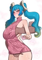 1boy 1girls 6no1 big_breasts blue_hair blush condom condom_wrapper fingering groping hand_on_breast large_breasts league_of_legends looking_at_another no_bra no_panties riot_games sona_buvelle sweat sweater