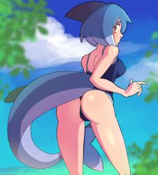 1girls 2d ass blue_hair breasts clothed clothing female female_focus female_only female_solo highres looking_at_viewer looking_back mako_(azuumori) one-piece_swimsuit red_eyes shark shark_girl shark_tail short_hair solo solo_female sutabuns tagme thighs viewed_from_behind