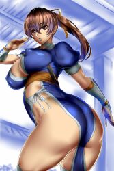 ass big_sister breasts dead_or_alive female highres judge_(oekaki) kasumi_(doa) large_breasts looking_back nipples no_bra no_panties onee-chan pelvic_curtain ponytail sword weapon