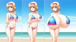 1girls alice_margatroid beach big_ass big_breasts bikini breast_expansion breasts_bigger_than_head breasts_bigger_than_torso enormous_breasts gigantic_breasts henshako huge_breasts hyper hyper_breasts massive_breasts multiple_images short_hair tagme touhou