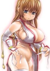 asanagi big_sister blush breasts cleavage dead_or_alive dressing female hip_focus huge_breasts kasumi_(doa) navel no_bra no_panties onee-chan pelvic_curtain solo tecmo undressing