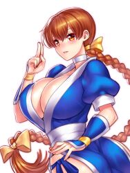 armor big_sister blush braid breasts brown_eyes brown_hair choker cleavage cowboy_shot dead_or_alive eyebrows_visible_through_hair female from_side hair_ribbon hand_gesture huge_breasts japanese_armor kasumi_(doa) kote kuji-in long_hair no_bra no_panties onee-chan parted_lips pelvic_curtain ponytail ribbon simple_background single_braid solo very_long_hair white_background yapo_(croquis_side)