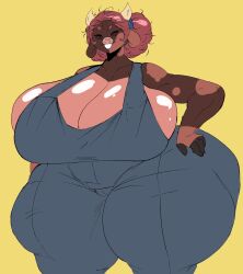 anthro big_breasts bovid bovine breasts cow farmer farmgirl fat female gilf naked_overalls overalls repomorame tagme