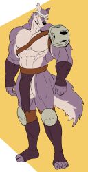 abs anthro armor balls bulge canid canine canis genitals hi_res male mammal muscular muscular_anthro muscular_male pecs simple_background solo standing tderek99 wolf