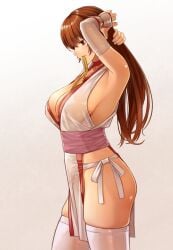 armpits big_sister breasts brown_hair cleavage dead_or_alive female hair_ornament kasumi_(doa) large_breasts mouth_hold ninja no_bra no_panties onee-chan pelvic_curtain red_eyes revealing_clothes see-through sideboob simple_background solo tecmo thighhighs tkln vambraces white_background white_legwear