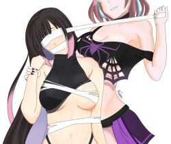 2022 2girls artist_signature blindfold blindfolded blindfolded_female breasts cleavage covered_eyes covered_nipples covering_mouth digital_drawing_(artwork) digital_media_(artwork) emikukis female female_only femdom femsub gag gagged grin hana_yomeguri indie_virtual_youtuber light-skinned_female long_hair long_hair_female mouth_gag owozu signature simple_background sumisa two_tone_hair virtual_youtuber white_background wrist_grab youtube youtube_hispanic