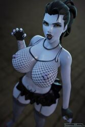 1girls 3d big_areola big_breasts black_hair blue_skin female_only fishnet_shirt fishnet_top fishnet_topwear fishnets garter_belt gloves goth goth_girl huge_breasts looking_at_viewer nipple_piercing overwatch pierced_nipples piercing shadowboxer skirt solo stockings thick_thighs vampire widowmaker