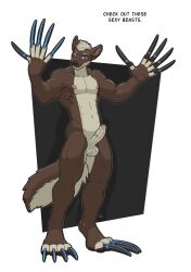 2016 anthro balls blue_eyes brown_body brown_fur canid canine claws dialogue digital_media_(artwork) ear_piercing english_text erection foreskin full-length_portrait fur genitals hair hand_fetish hi_res humanoid_genitalia humanoid_penis long_claws longblueclaw male mammal open_mouth penis piercing portrait simple_background solo standing tan_body tan_fur teeth text vein veiny_balls veiny_penis