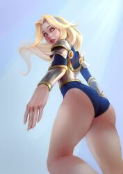 1girls 2d 2d_(artwork) absurd_res armor bare_legs bare_thighs blonde_hair blonde_hair bodysuit female female_focus female_only league_of_legends long_hair looking_back low-angle_view luxanna_crownguard ovchanka riot_games solo solo_female solo_focus thick_thighs