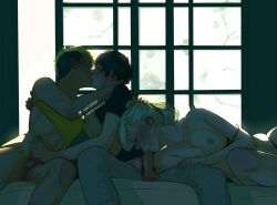 1girls 2boys ann_takamaki bisexual bisexual_male black_hair blonde_hair blush bra_slip breasts censored censored_nipples closed_eyes erection fellatio female handjob highres human human_only kissing light-skinned_female light-skinned_male light_skin lying male male_pubic_hair megami_tensei mmf_threesome mosaic_censoring multiple_boys nipples on_side oral penis persona persona_5 pubic_hair ren_amamiya ryuji_sakamoto straight threesome undressing window xervidae